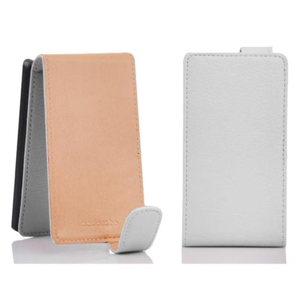 Tres fundas de teléfono de cuero: negro, beige y blanco. La beige tiene soporte. La blanca está cerrada.
