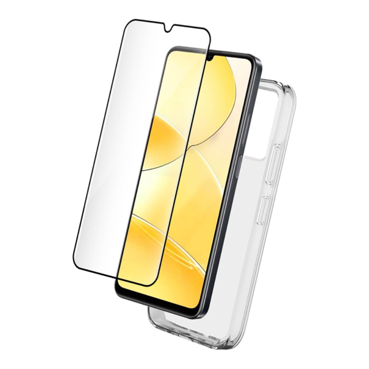 Uno smartphone con protezione schermo e custodia trasparente è esposto su sfondo bianco.