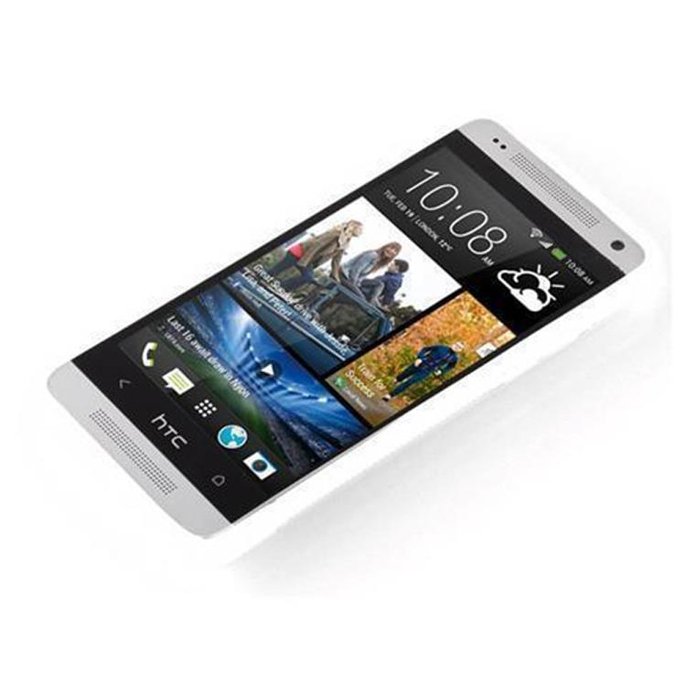 Uno smartphone HTC bianco visualizza un feed di notizie con articoli e un widget meteo. L'ora è 10:08.