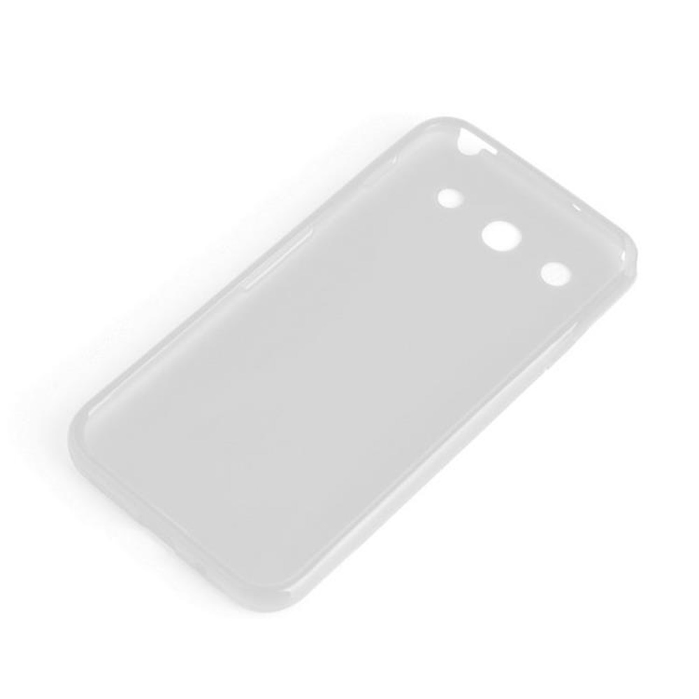 Eine klare, transparente Handyhülle mit drei Löchern oben für Kamera und Sensoren, auf weißem Hintergrund.