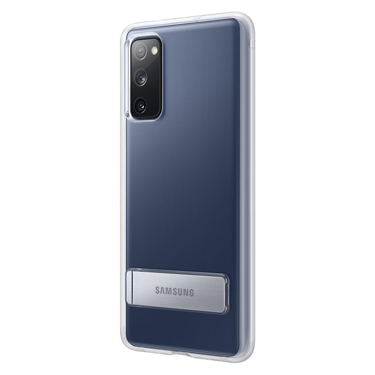 Ein Samsung-Telefon in einer transparenten Hülle. Es hat eine blaue Rückseite und einen silbernen Ständer mit dem Samsung-Logo.