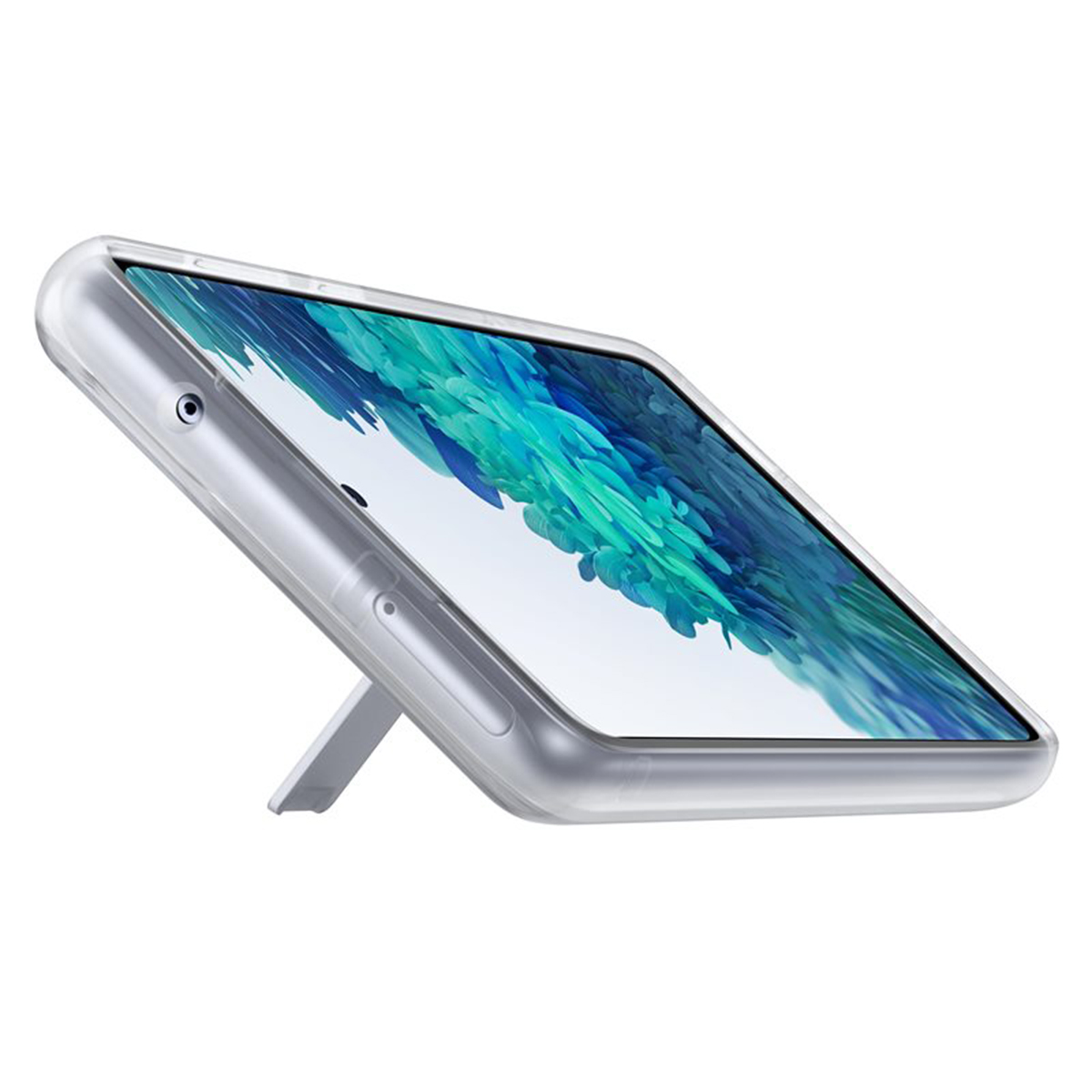 Ein silbernes Smartphone in einer durchsichtigen Hülle ist nach oben abgewinkelt und wird von einem kleinen Ständer abgestützt.