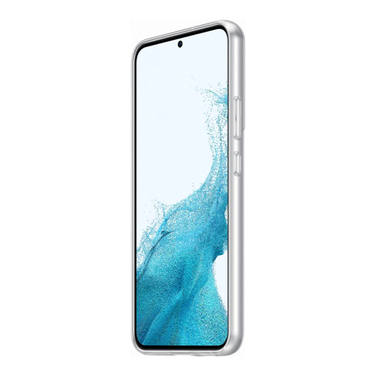 Srebrny smartfon z białym ekranem i niebiesko-białym abstrakcyjnym wzorem. Widoczne boczne przyciski. Telefon jest pod kątem.