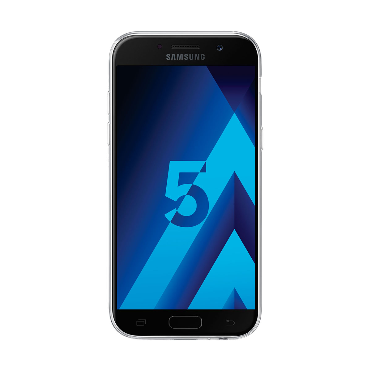 Se muestra un teléfono Samsung Galaxy A5. La pantalla muestra un degradado azul con un gran número 5. El teléfono tiene una funda transparente.