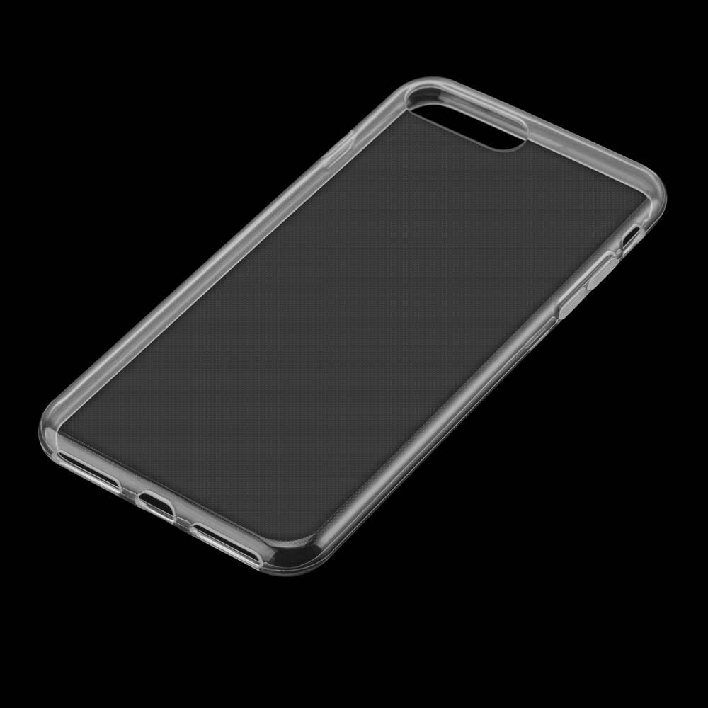 Una custodia trasparente per telefono, leggermente angolata, su sfondo nero. La custodia ha fori per i pulsanti e un interno strutturato.