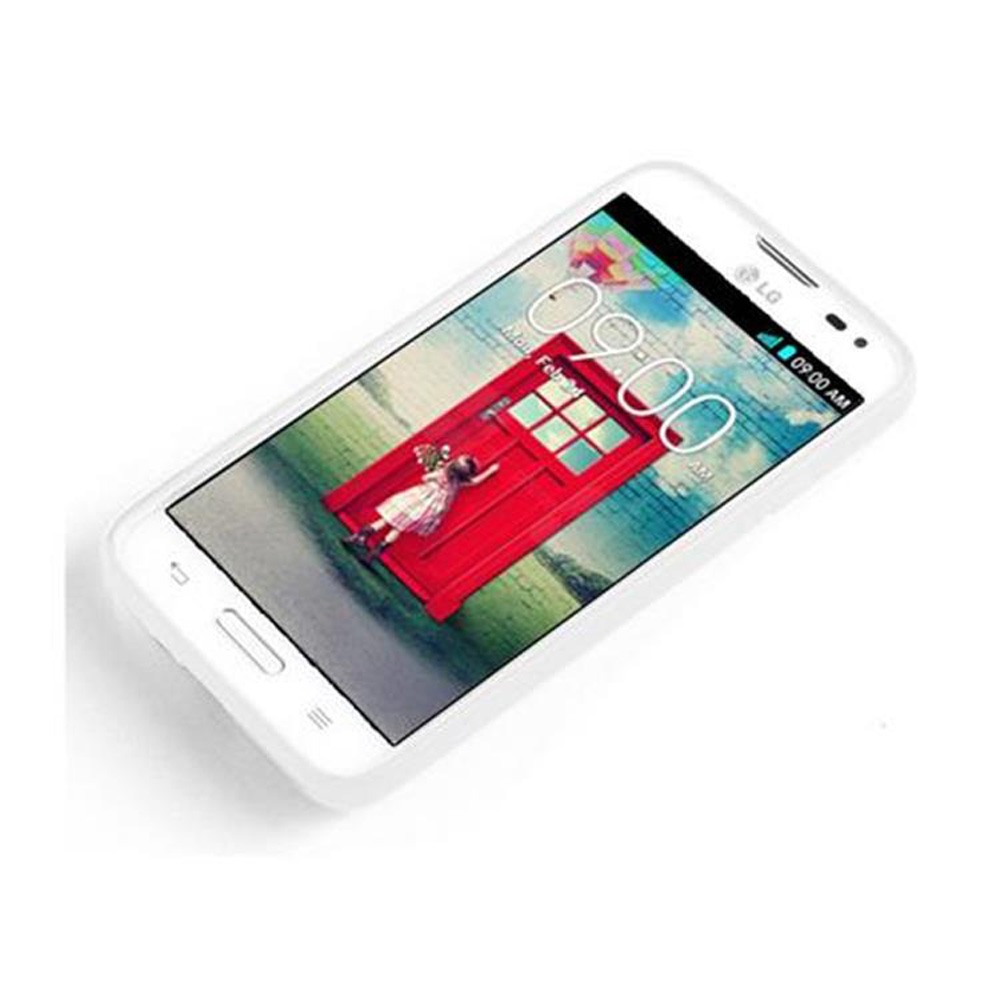 Un smartphone blanco muestra una puerta roja con una niña. La pantalla muestra la hora 09:00 AM. El fondo es un campo verde y un cielo azul.