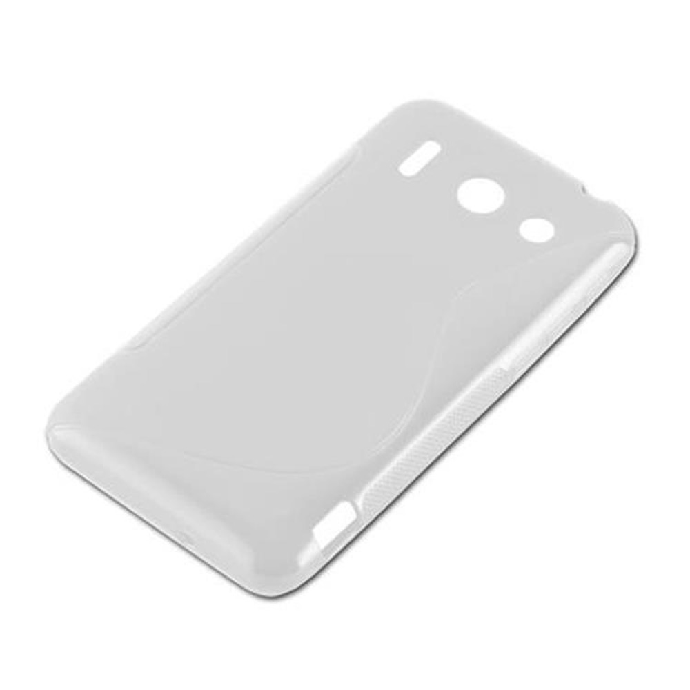 Una custodia bianca per telefono con aperture per fotocamera e flash è mostrata su sfondo bianco. È un design elegante e curvo.