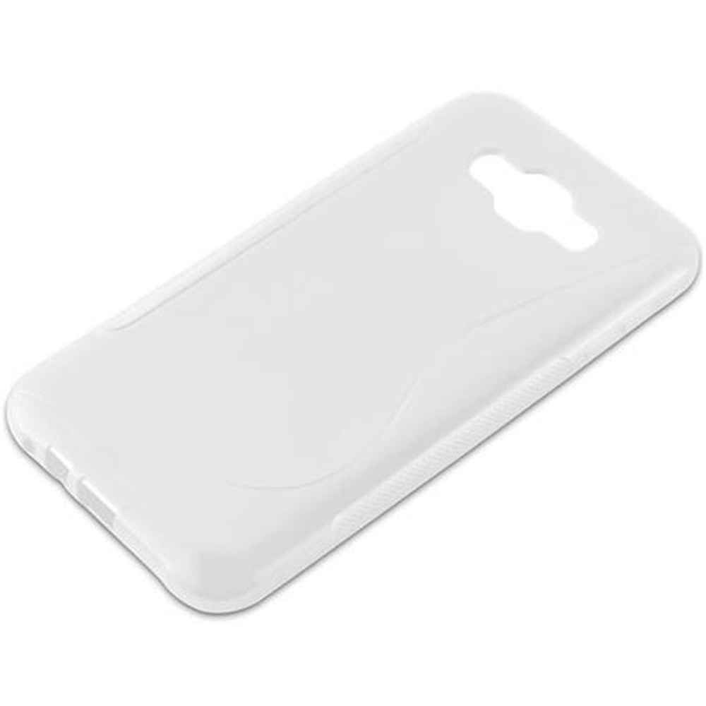 Eine weiße Handyhülle mit geschwungenem Design. Sie hat einen Ausschnitt für die Kamera und liegt auf einer weißen Oberfläche.
