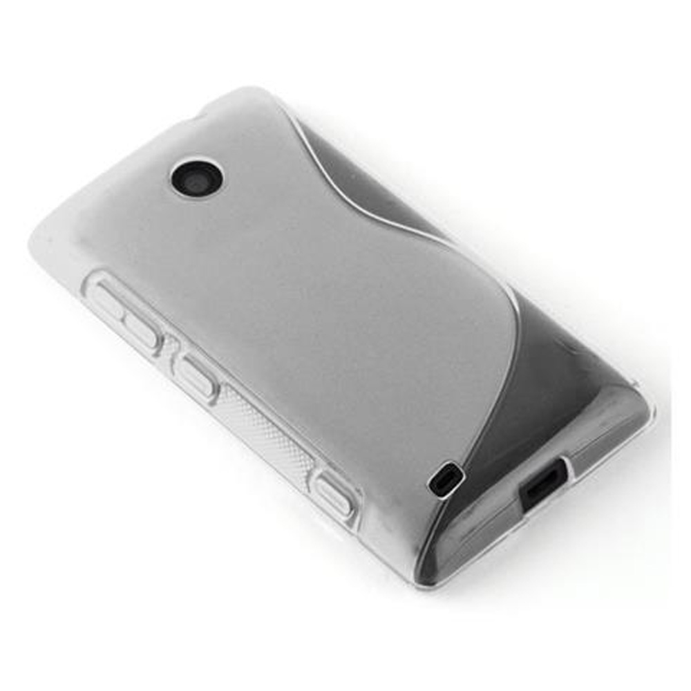 Una custodia trasparente per telefono con un design grigio è appoggiata su una superficie bianca. La custodia ha un foro per la fotocamera.