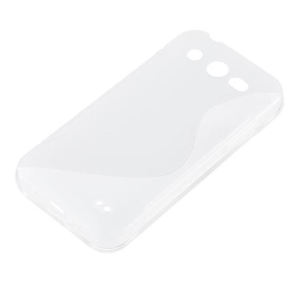 Una funda transparente y blanca para teléfono con tres agujeros en la parte superior y un diseño curvo, sobre fondo blanco.