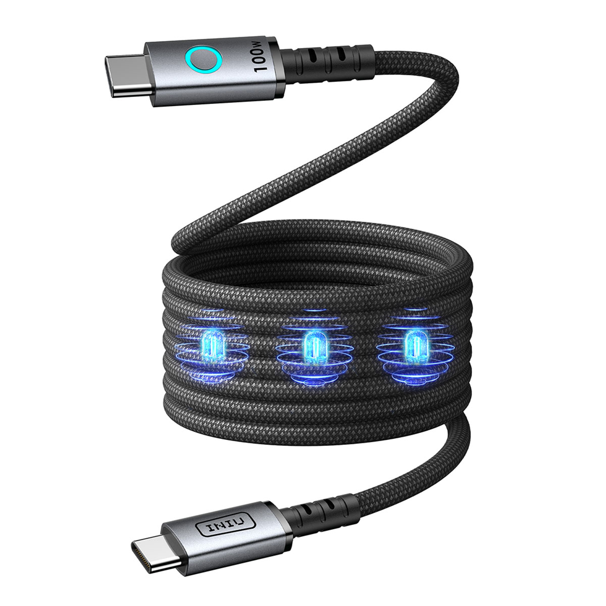 Un cavo di ricarica USB-C con un cavo nero intrecciato. Ha due connettori USB-C e luci blu lungo il cavo.