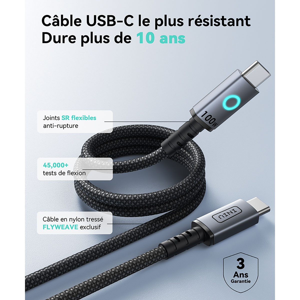 Un cavo USB-C con testo sulla sua durata e caratteristiche. Ha un cavo intrecciato e connettori, con 3 anni di garanzia.