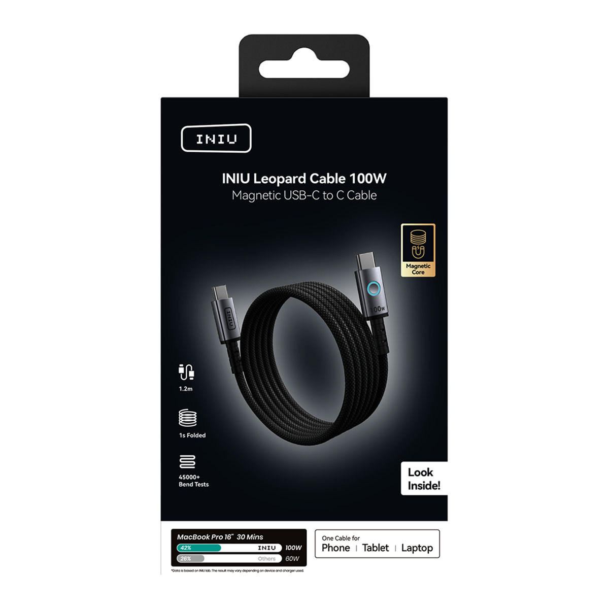 Una scatola nera mostra un cavo USB-C nero. La scatola ha il logo INIU e informazioni sul prodotto, con icone.