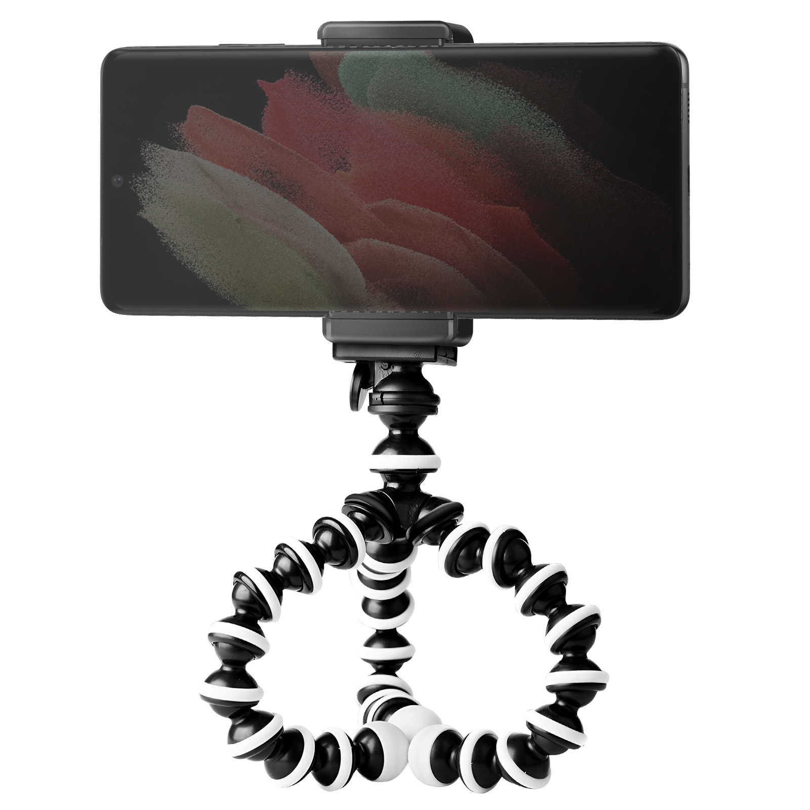 Smartphone montato su un treppiede flessibile bianco e nero. Lo schermo mostra forme sfocate e colorate.