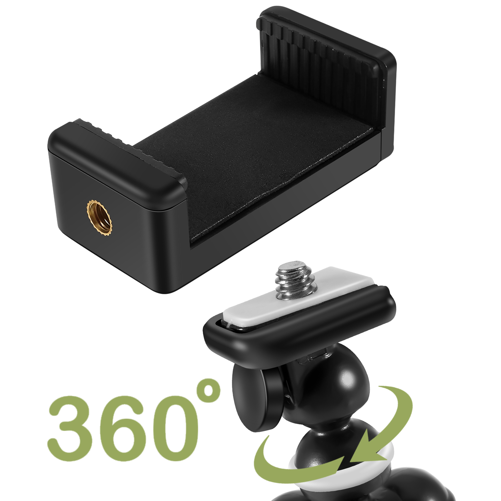 Supporto per telefono nero e testa del treppiede su bianco. Il supporto è etichettato 360° e ha una freccia.