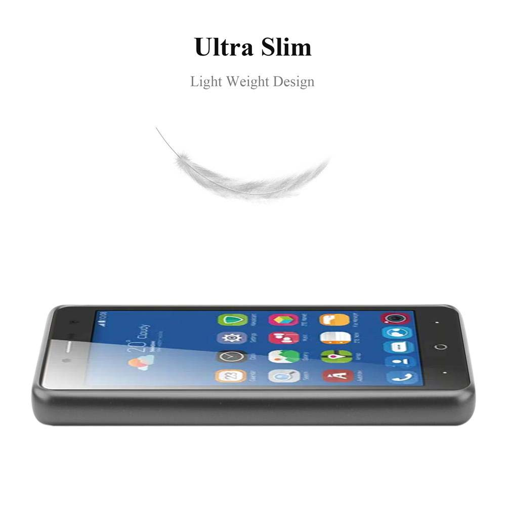 Ein Smartphone auf weißem Hintergrund. Es hat einen schwarzen Rahmen, einen Bildschirm mit Apps und den Text 'Ultra Slim, Light Weight Design'.