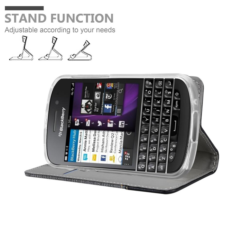 Telefono BlackBerry in custodia, aperto. Lo schermo mostra app. Testo: 'Funzione supporto, regolabile'.