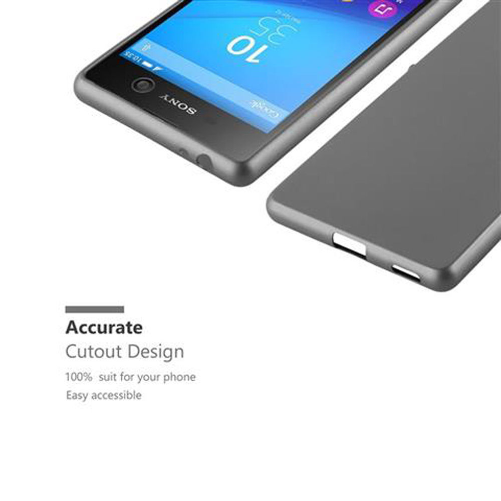 Un telefono grigio con schermo blu e cover posteriore grigia. Il telefono mostra l'ora 10:35. Il marchio è Sony.