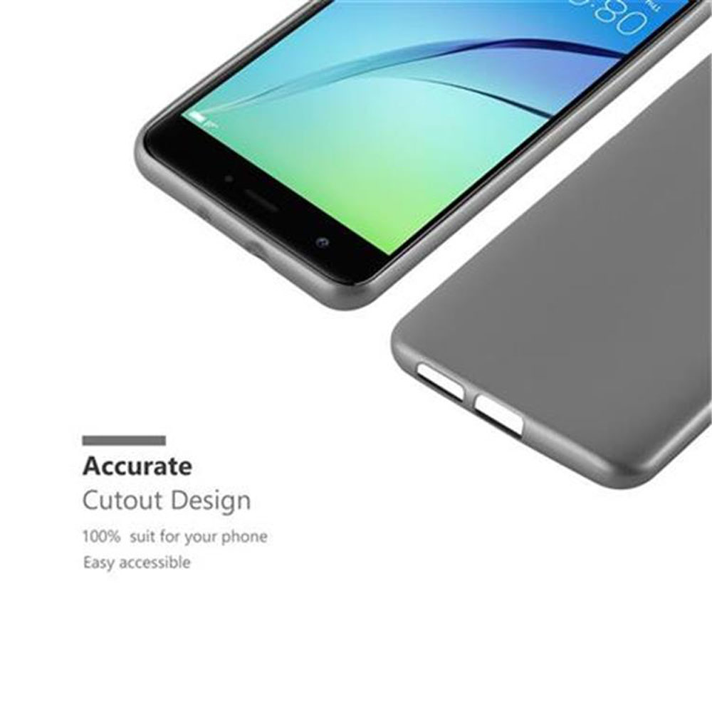 Ein Smartphone und eine graue Handyhülle werden angezeigt. Der Telefonbildschirm zeigt einen blau-grünen Farbverlauf. Text lautet 'Accurate Cutout Design'.