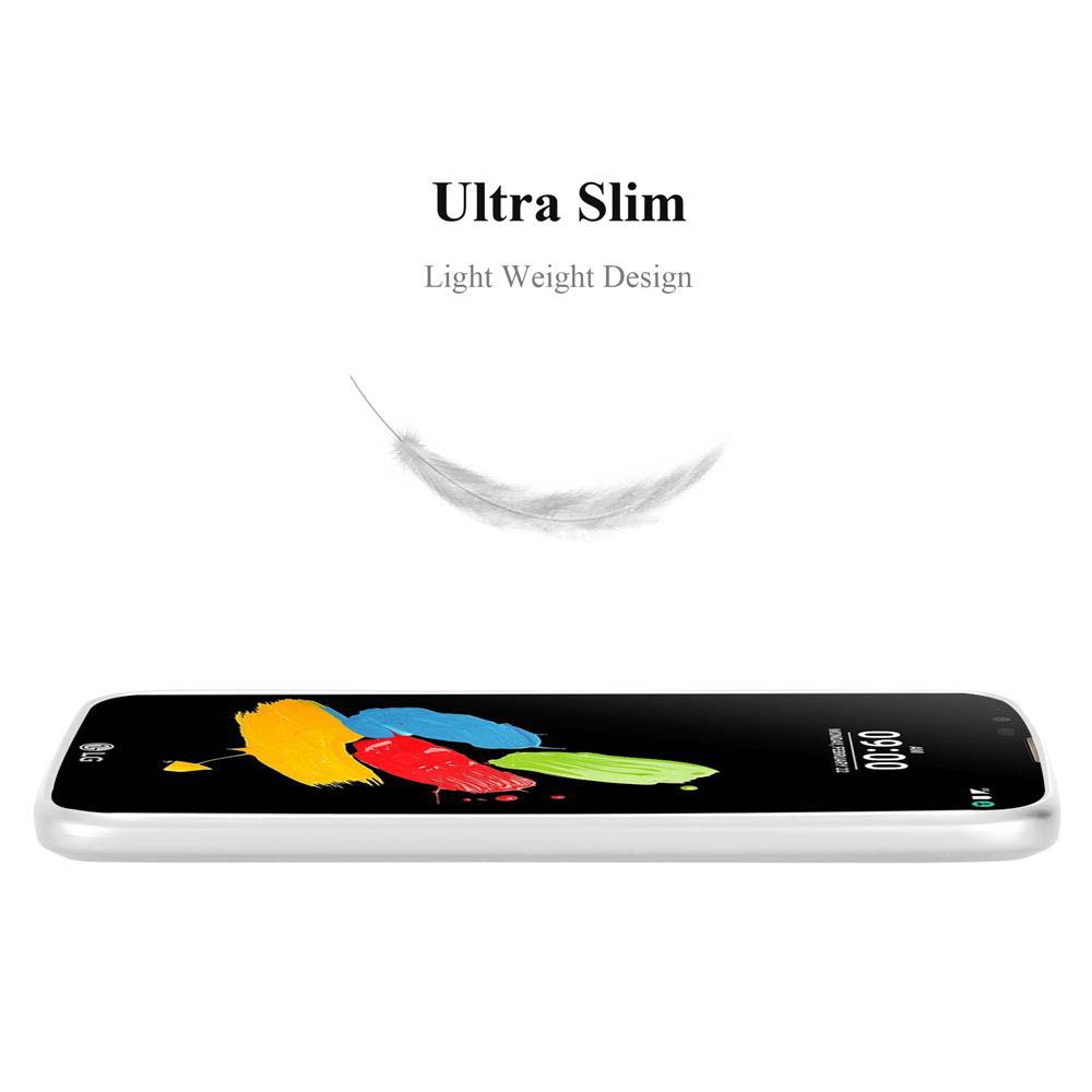 Ein weißes Telefon auf weißer Oberfläche. Der Bildschirm zeigt bunte abstrakte Kunst. Der Text oben lautet 'Ultra Slim' und 'Light Weight Design'.