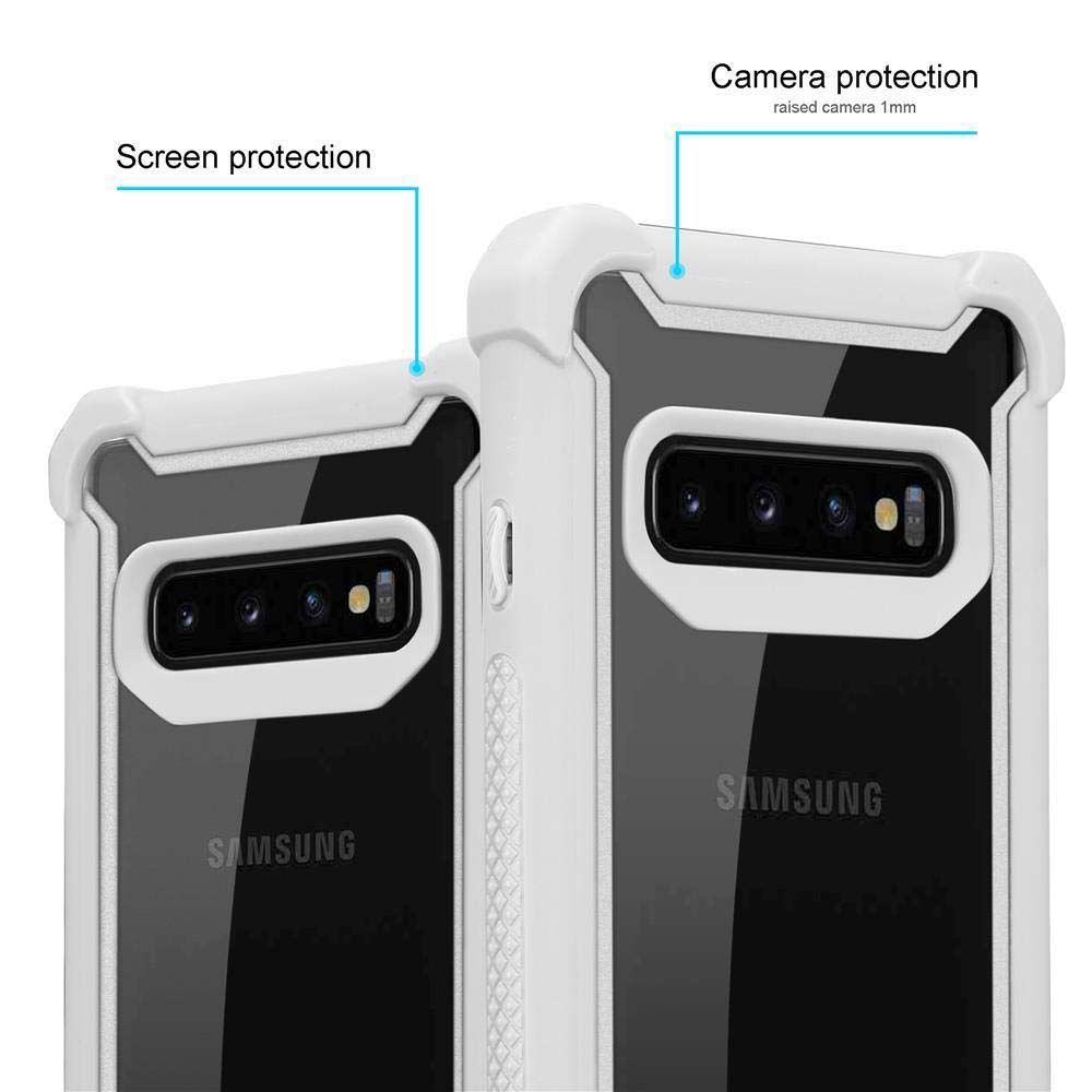 Due custodie protettive per telefono con bordi bianchi e retro trasparente, etichettate con 'Protezione schermo' e 'Protezione fotocamera'.
