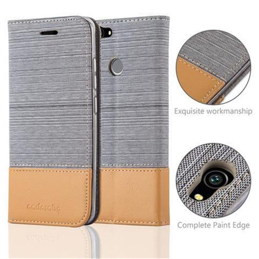 Custodia per telefono, tessuto grigio con inserti in pelle marrone. I primi piani mostrano cuciture, foro della fotocamera e 'Exquisite Workmanship'.