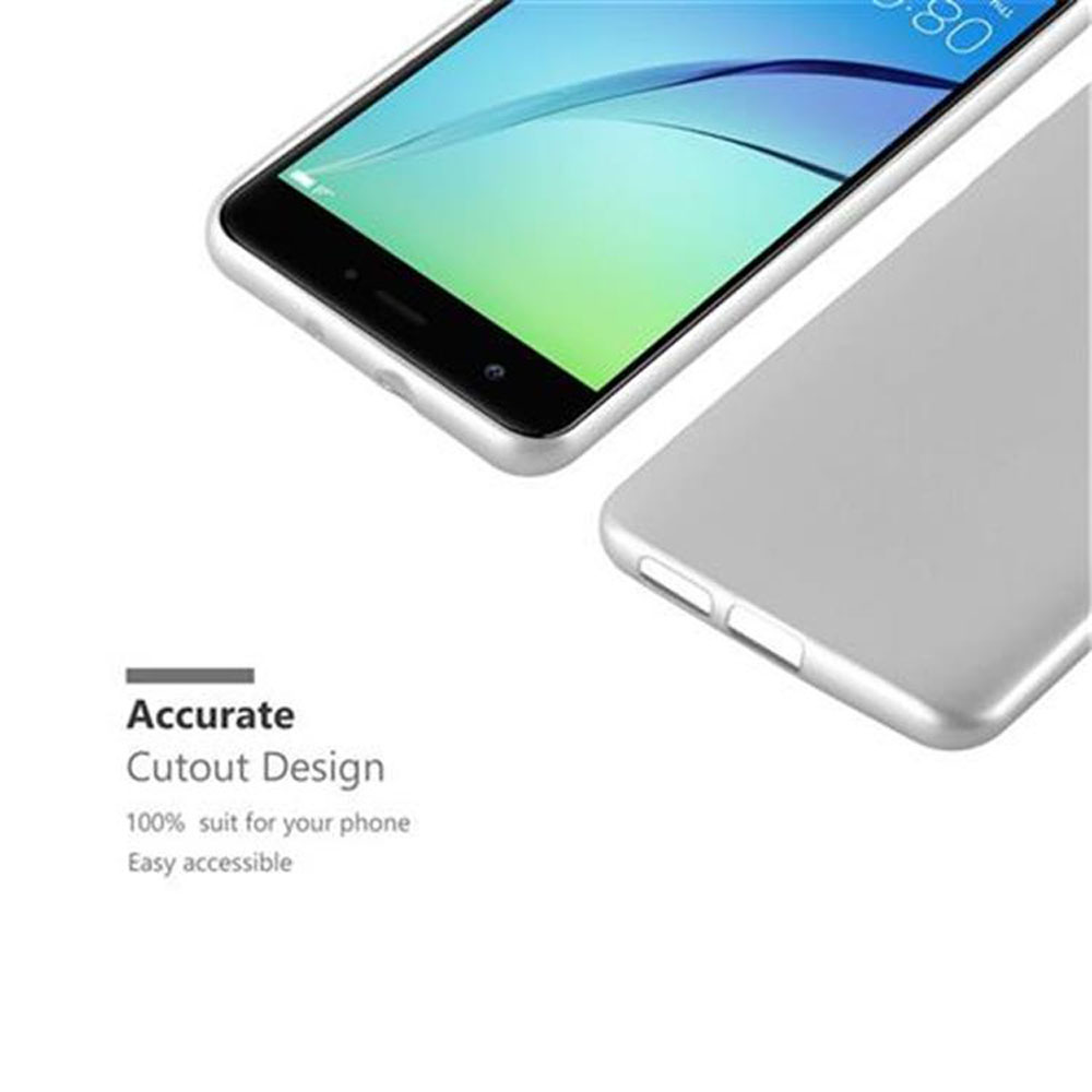 Ein Smartphone mit silbernem Gehäuse, teilweise sichtbar. Der Bildschirm zeigt einen hellblauen und grünen Farbverlauf. Rechts ist eine silberne Hülle.