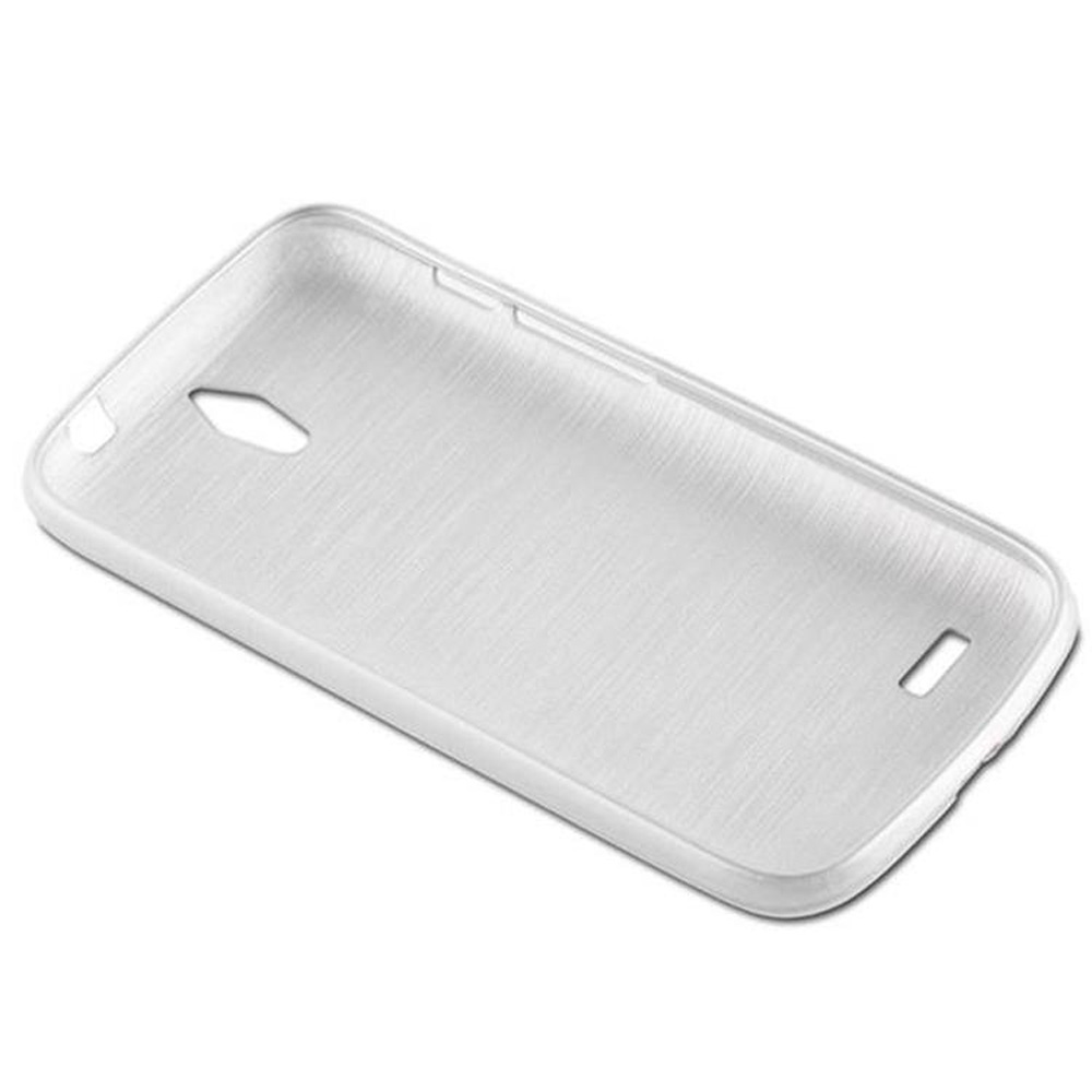 Una custodia bianca per telefono con una texture in metallo spazzolato. Ha ritagli per la fotocamera, i pulsanti e le porte. La custodia è leggermente angolata.