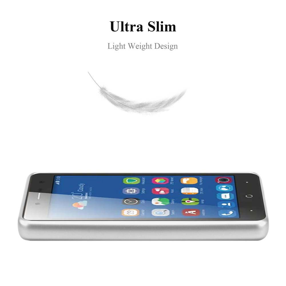 Uno smartphone con cornice argentata. Lo schermo mostra icone di app. Sopra, il testo dice 'Ultra Slim' e 'Light Weight Design'. Una piuma sopra.