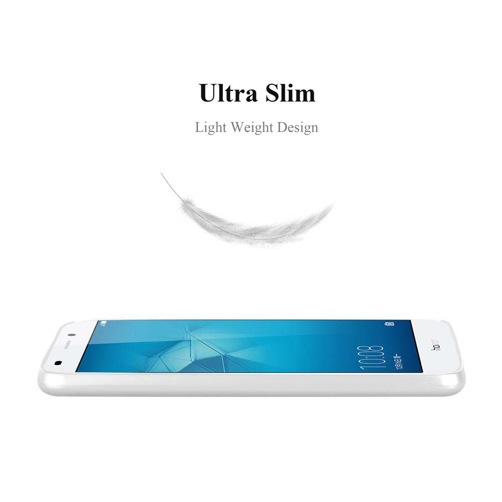 Ein weißes Smartphone wird horizontal angezeigt. Eine Feder schwebt darüber mit dem Text 'Ultra Slim' und 'Light Weight Design'.