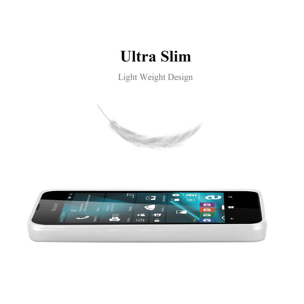 Un smartphone blanco con la pantalla encendida, mostrando iconos de aplicaciones. Arriba, el texto dice 'Ultra Slim, Light Weight Design'. Una pluma flota arriba.