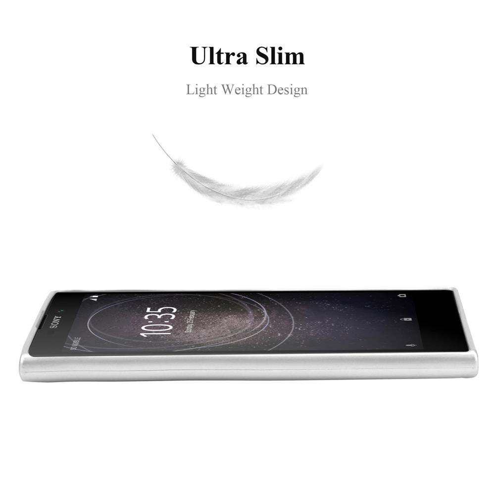 Uno smartphone argentato con schermo scuro è visualizzato orizzontalmente. Sopra le parole 'Ultra Slim' e una piuma.