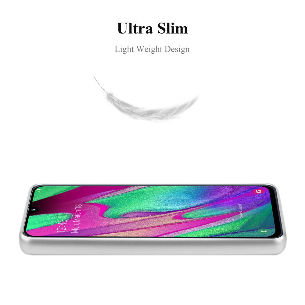 Ein Smartphone auf weißem Hintergrund. Es ist ein leichtes Design mit einer Federgrafik und den Worten 'Ultra Slim'.