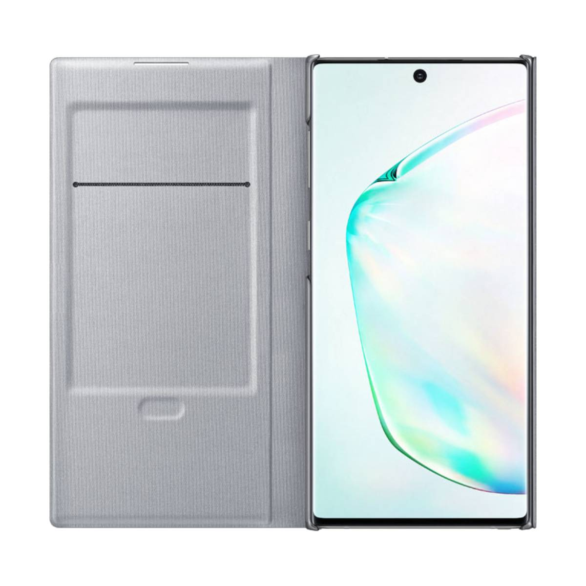 Uno smartphone con custodia grigio chiaro, aperto per rivelare lo schermo. La custodia ha una superficie strutturata con fessura per schede.