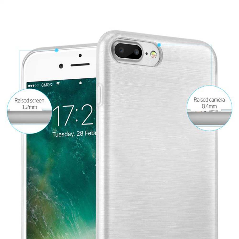 Un smartphone con una pantalla que muestra las 17:2. El teléfono está en una funda transparente. Los detalles resaltan la pantalla y la cámara elevadas.