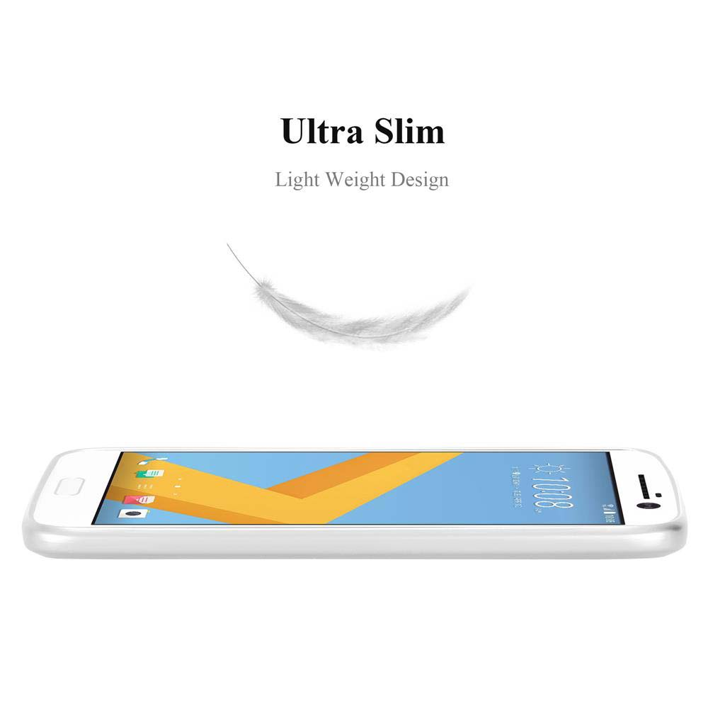 Ein weißes Smartphone liegt horizontal. Darüber befindet sich eine Feder. Der Bildschirm zeigt eine blaue und gelbe Oberfläche.