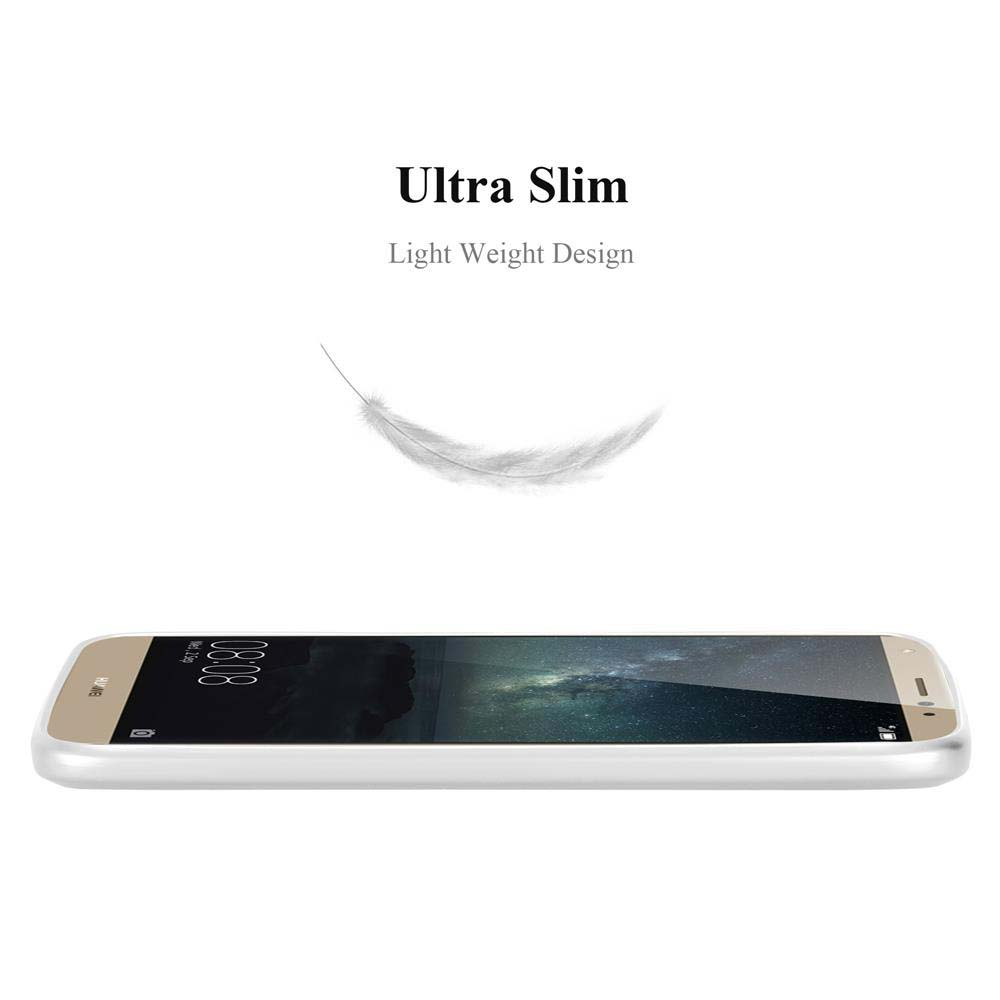 Ein weißes und goldenes Smartphone wird gezeigt. Eine Feder schwebt darüber. Der Text "Ultra Slim, Light Weight Design" ist ebenfalls vorhanden.