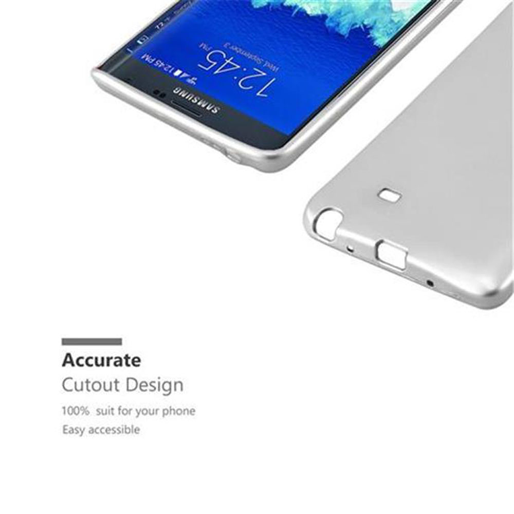 Un telefono che mostra le 12:45 PM è appoggiato accanto a una custodia argentata. Il testo recita 'Accurate Cutout Design'.