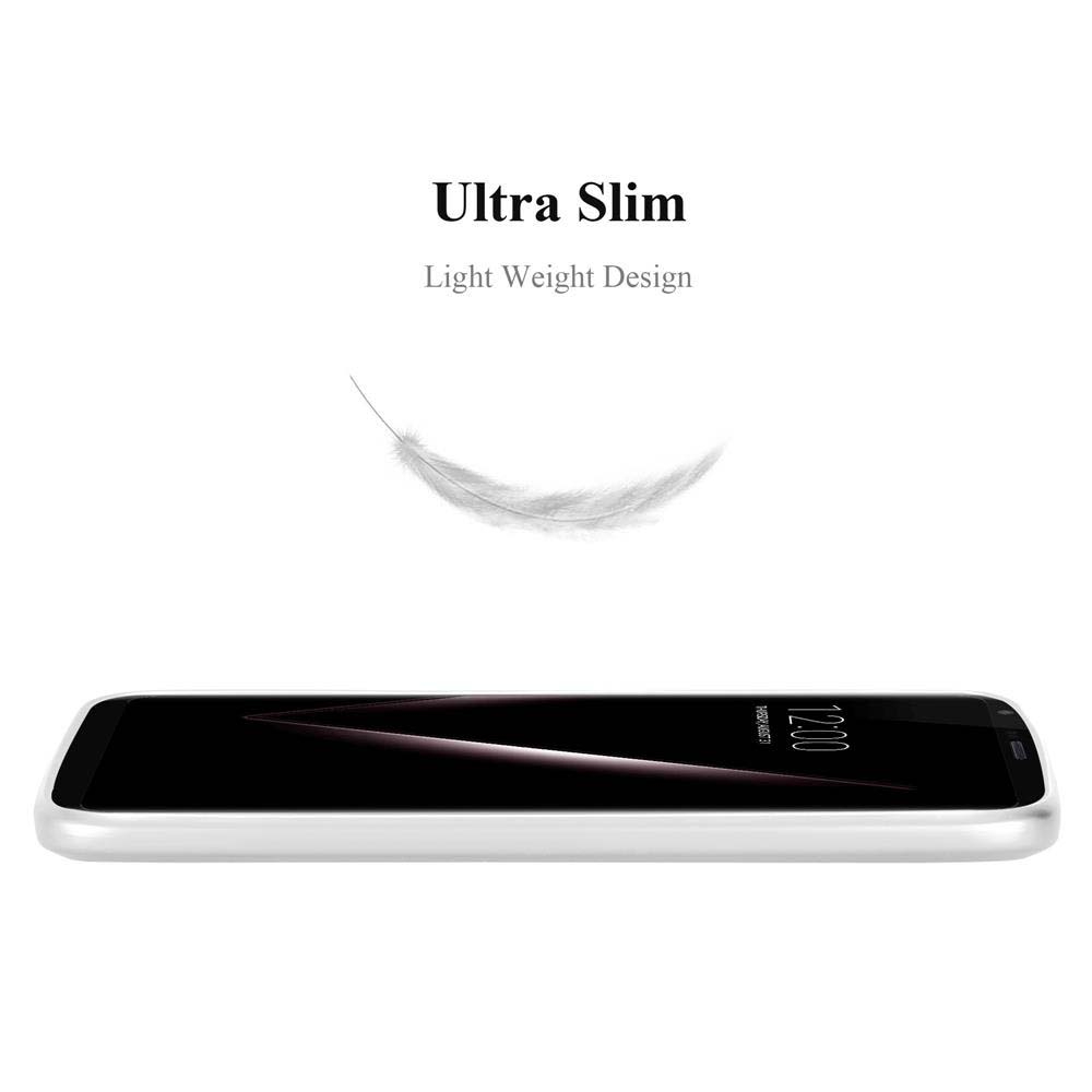 Ein Smartphone mit weißem Rahmen und schwarzem Bildschirm. Oben steht 'Ultra Slim' und 'Light Weight Design'. Eine Federgrafik ist ebenfalls vorhanden.