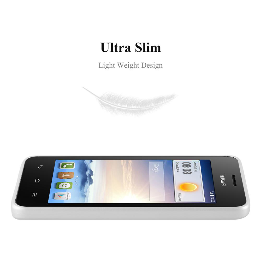 Un telefono Huawei bianco sdraiato, che mostra lo schermo con icone di app, Google e l'ora 08:08. Il testo sopra dice 'Ultra Slim'.