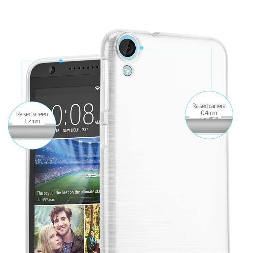 Viene mostrato uno smartphone con una custodia trasparente. Lo schermo mostra l'ora e una pubblicità. I dettagli indicano schermo e fotocamera rialzati.