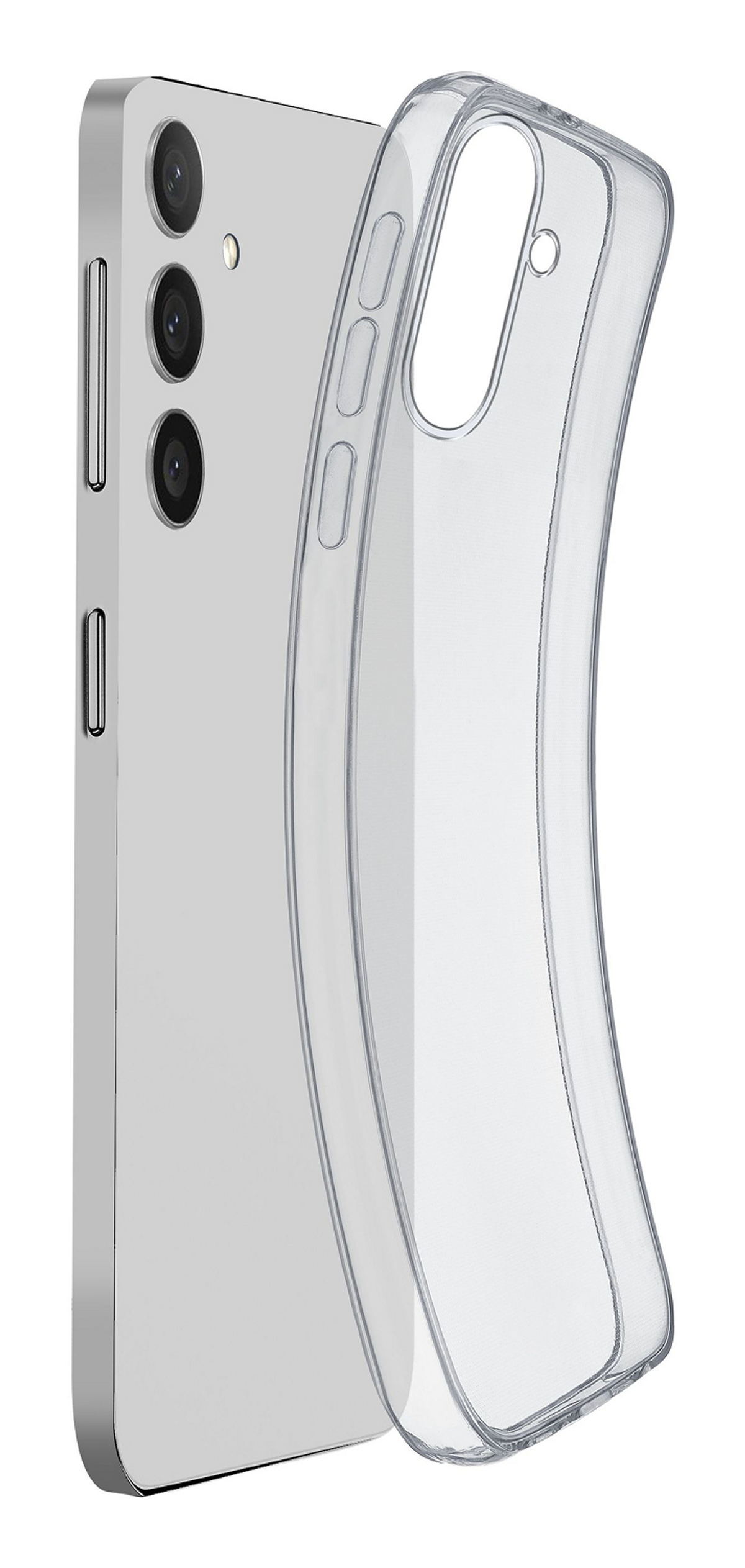 Un telefono argentato con tre fotocamere e una custodia trasparente è mostrato su sfondo bianco. La custodia è leggermente curva.