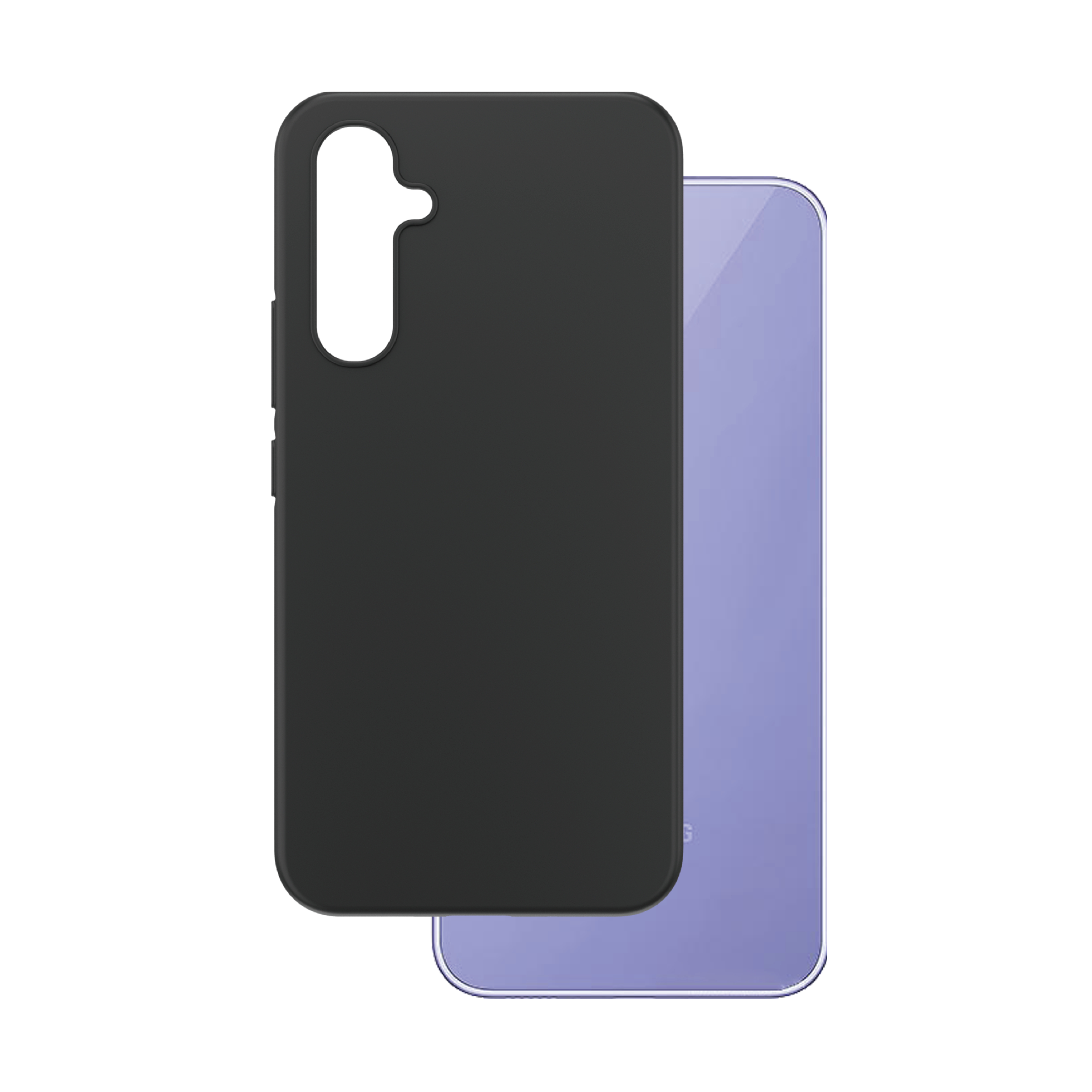 Schwarze Handyhülle mit Kameraausschnitt, neben einem lila Handy.