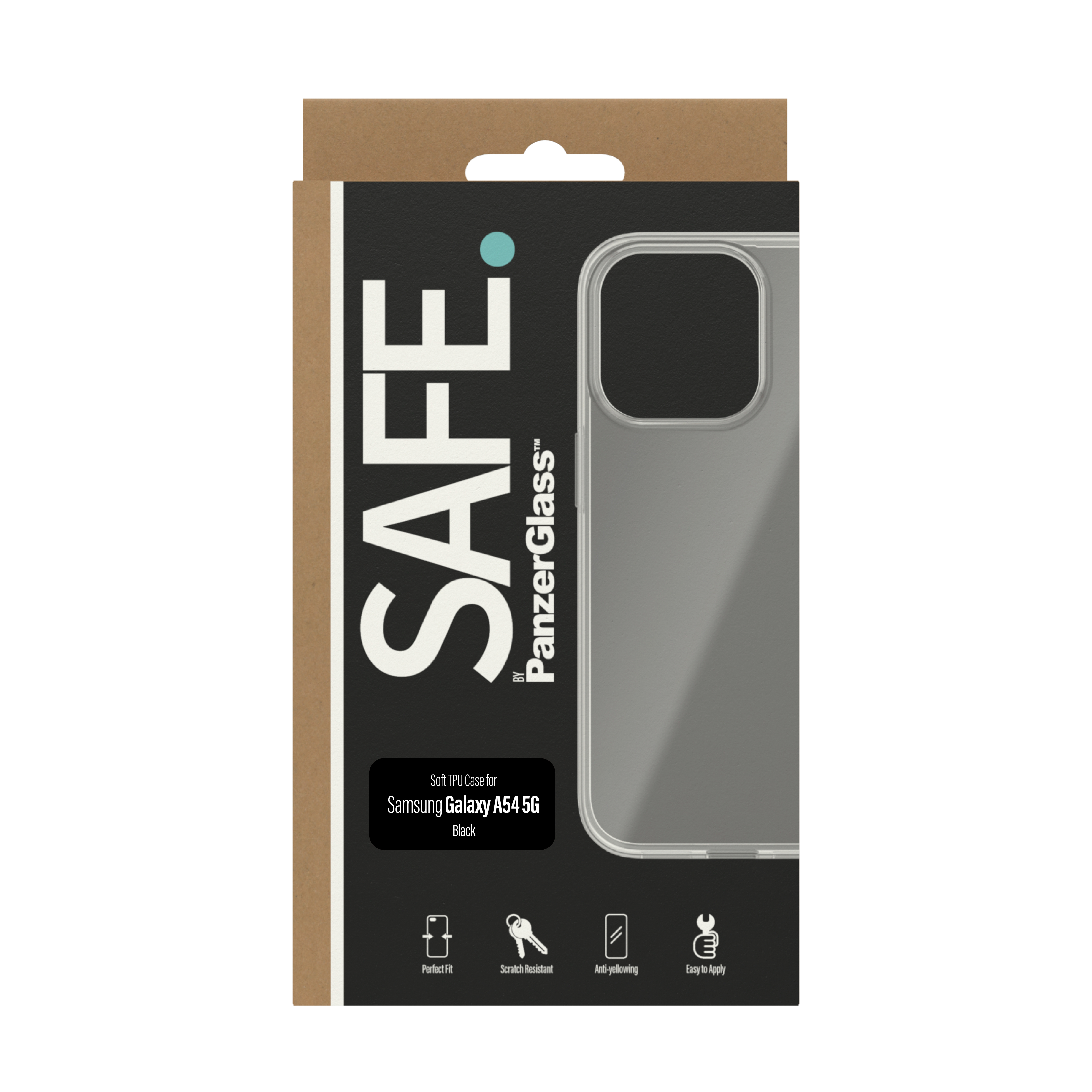 Eine Handyhülle-Box mit einer durchsichtigen Hülle, schwarz-braune Verpackung. Text enthält 'SAFE' und 'PanzerGlass'.