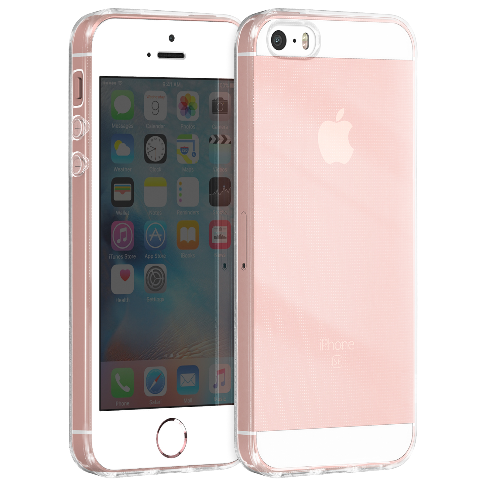 Due iPhone, uno davanti, che mostra lo schermo con le app. Entrambi hanno custodie rosa e il logo Apple è visibile.