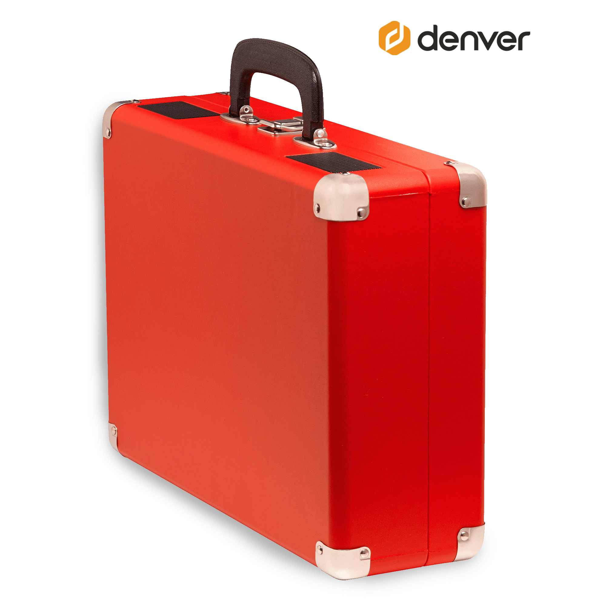 Una maleta roja con asa negra. Tiene protectores de esquina plateados y un logotipo de Denver sobre fondo blanco.