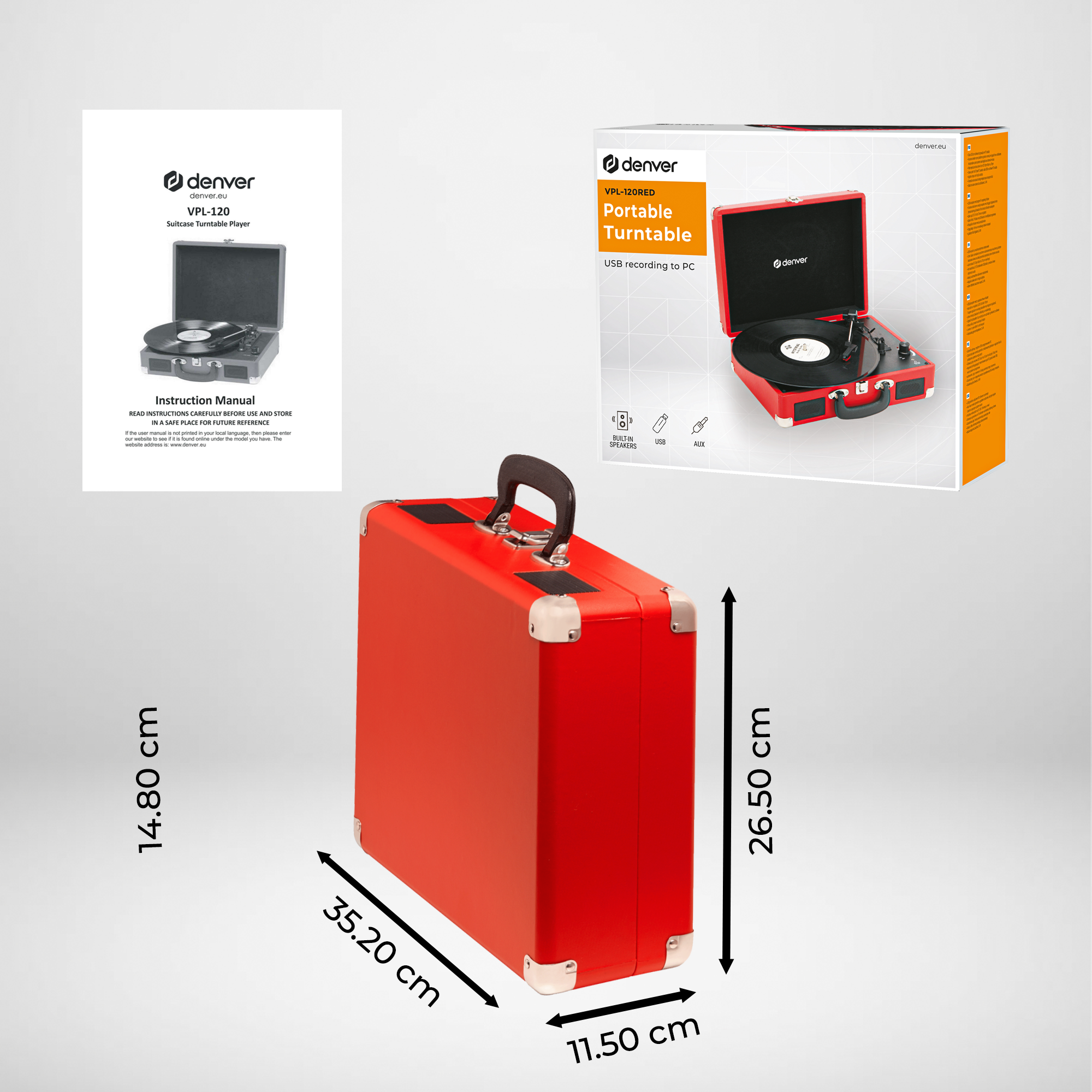 Tocadiscos rojo tipo maleta con dimensiones. Manual y caja del tocadiscos también visibles.