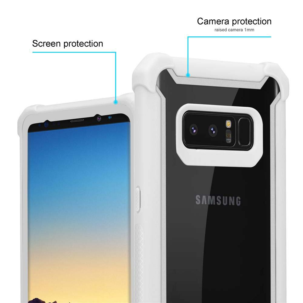 Una custodia bianca protegge un telefono Samsung. Il testo indica la protezione dello schermo e della fotocamera. Lo schermo mostra cielo blu.
