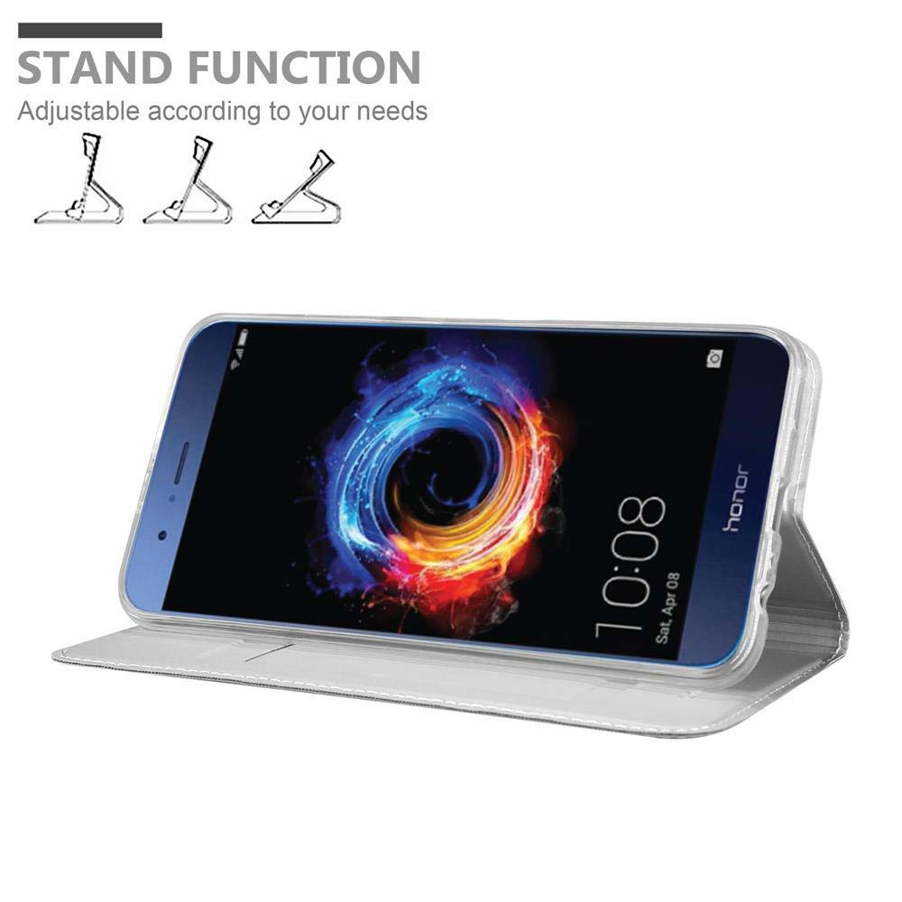 Telefon in Hülle, Bildschirm an mit farbenfrohem Bild. Uhrzeit ist 10:08, Sa. 08. April. Standfunktion einstellbar. Weißer Hintergrund.