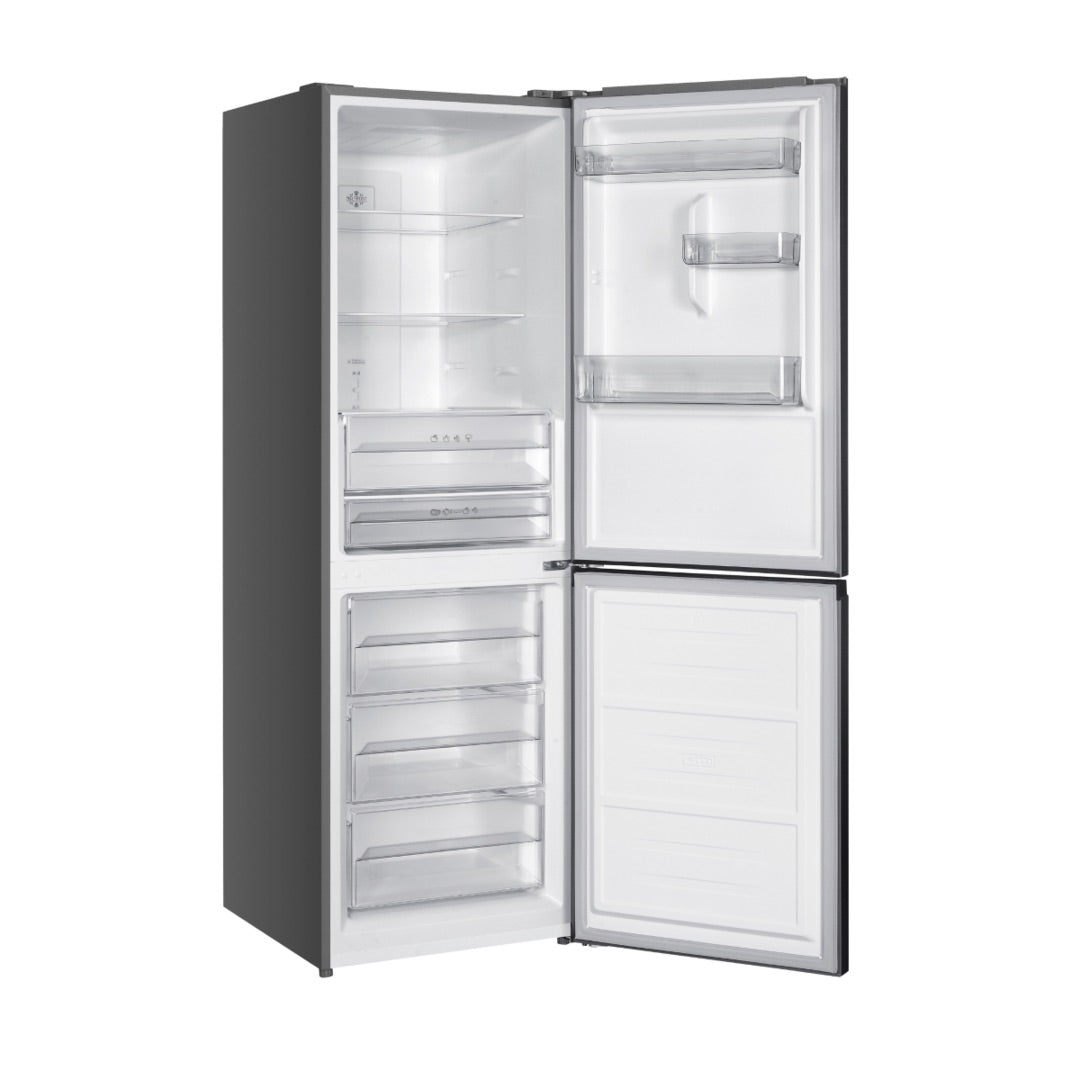 A gray refrigerator with open doors. The left door reveals shelves and drawers. The right door shows shelves and a freezer compartment.